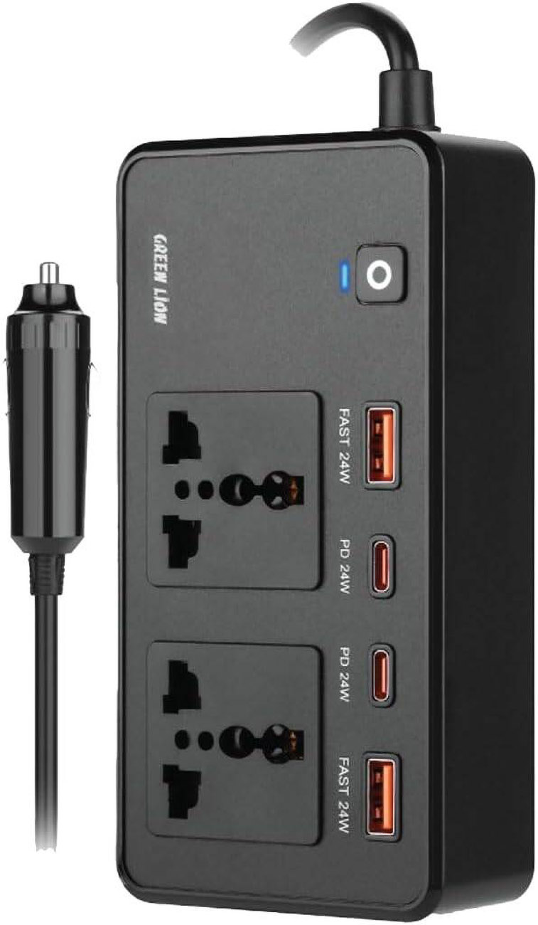 Green Smart Car Inverter / 200W Power / 2 Type-C Ports + 2 USB Ports / Portable Design