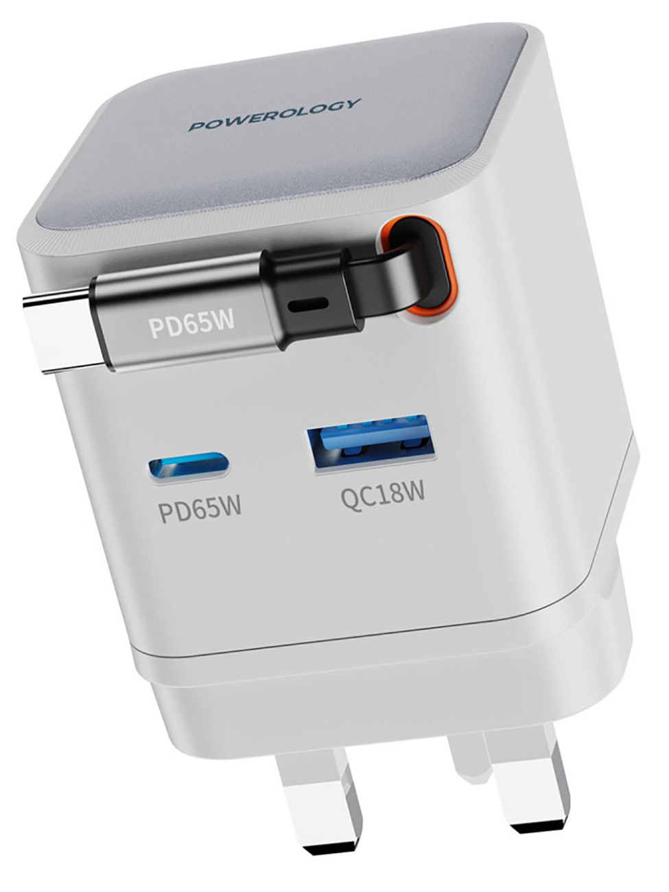 شاحن GaN من باورولوجي / قوة 65 واط / مدخل تايب سي + مدخل USB / مع واير تايب سي مدمج / ابيض