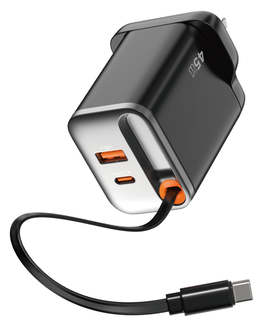 Wiwu GaN Charger / With Type-C Port + USB Port / 45W Power / Built-in Type-C Cable