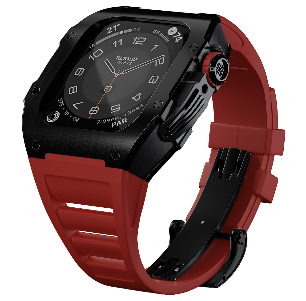 كيس و سير ساعة ابل Hallvint Empire Black / حجم 44 و 45 / كيس اسود و سير احمر