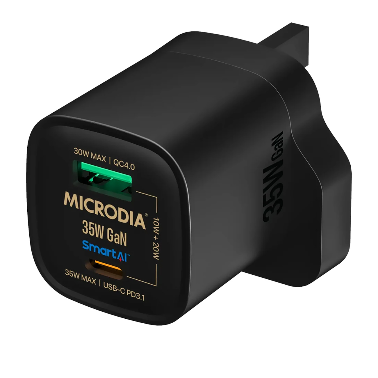 شاحن Microdia SmartCube / قوة 35 واط / مع مدخل تايب سي + مدخل USB / حجم صغير / اسود