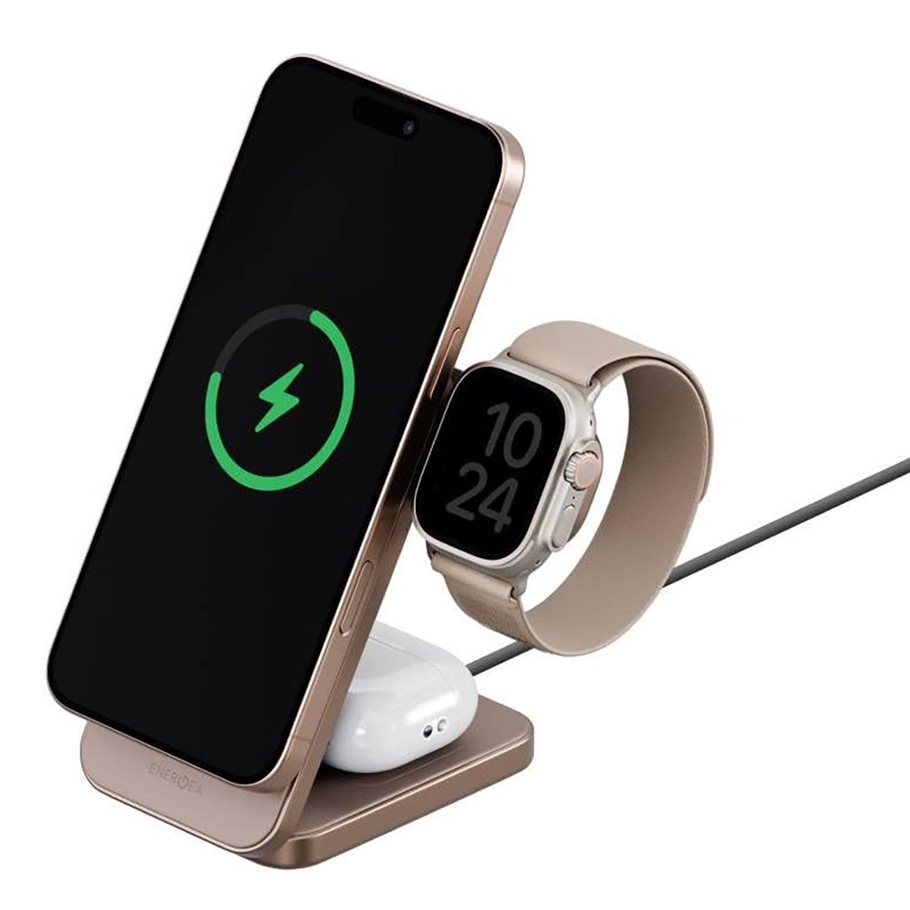 ستاند و شاحن من Energea / يشحن الجوال + الساعة + الايربودز / يدعم MagSafe / ذهبي