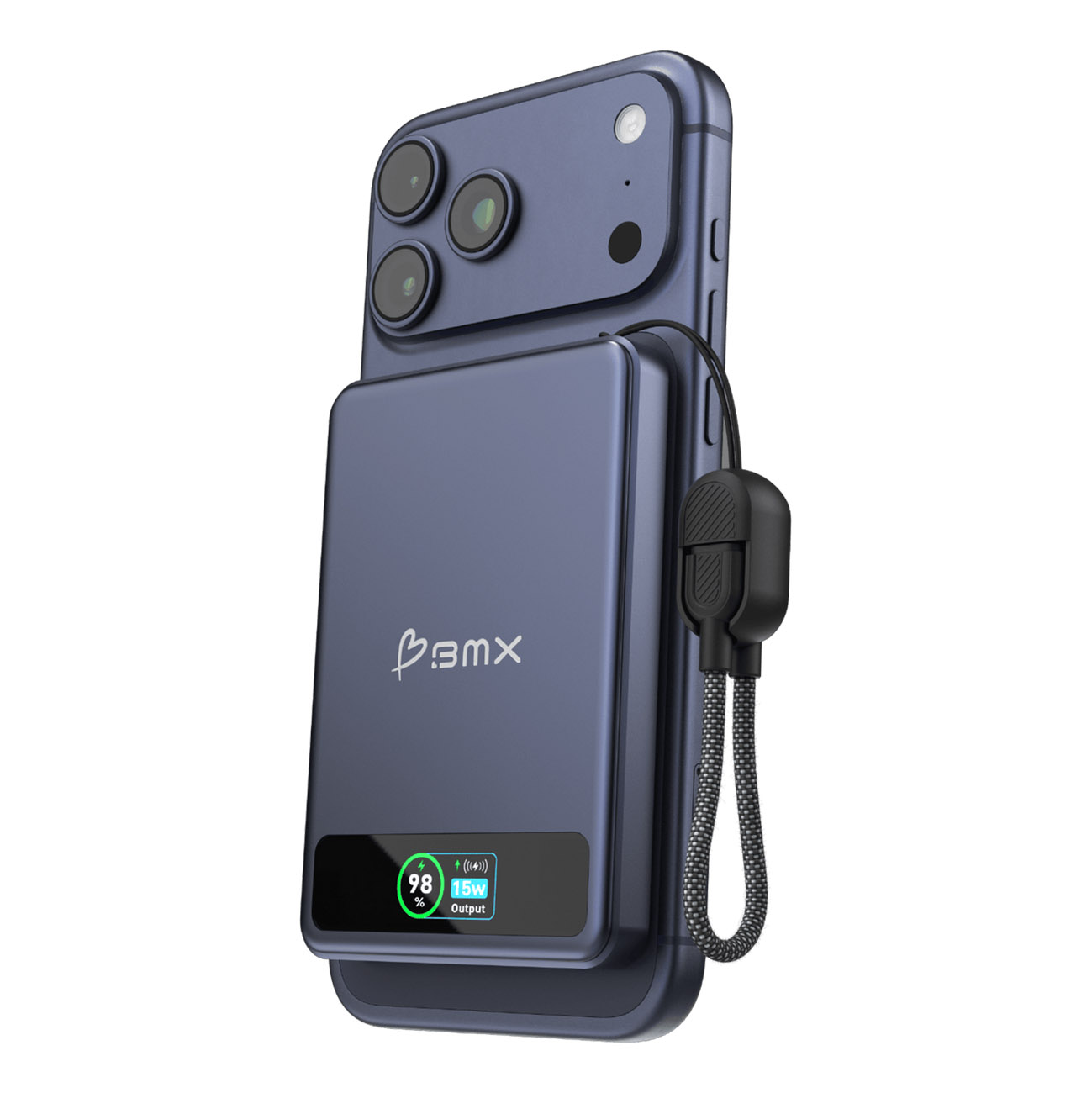 BMX 5,000mAh Power Bank / 1 Type-C Port + Wireless Charging / Built-in Type-C Cable / Blue