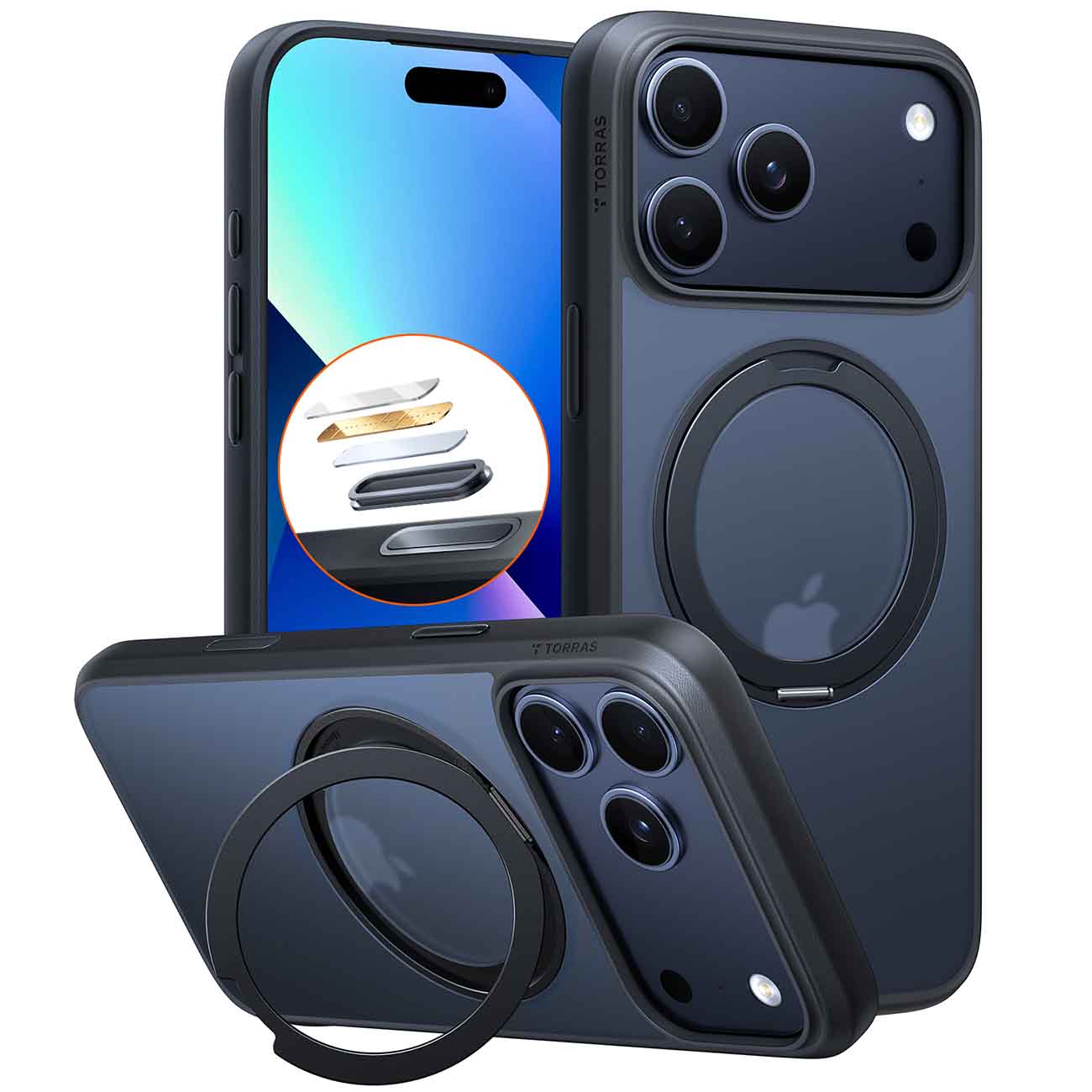 كفر Torras Ostand Pro لايفون 17 برو ماكس / يدعم MagSafe / مع مسكة مدمجة / ضد الطيحات / اسود