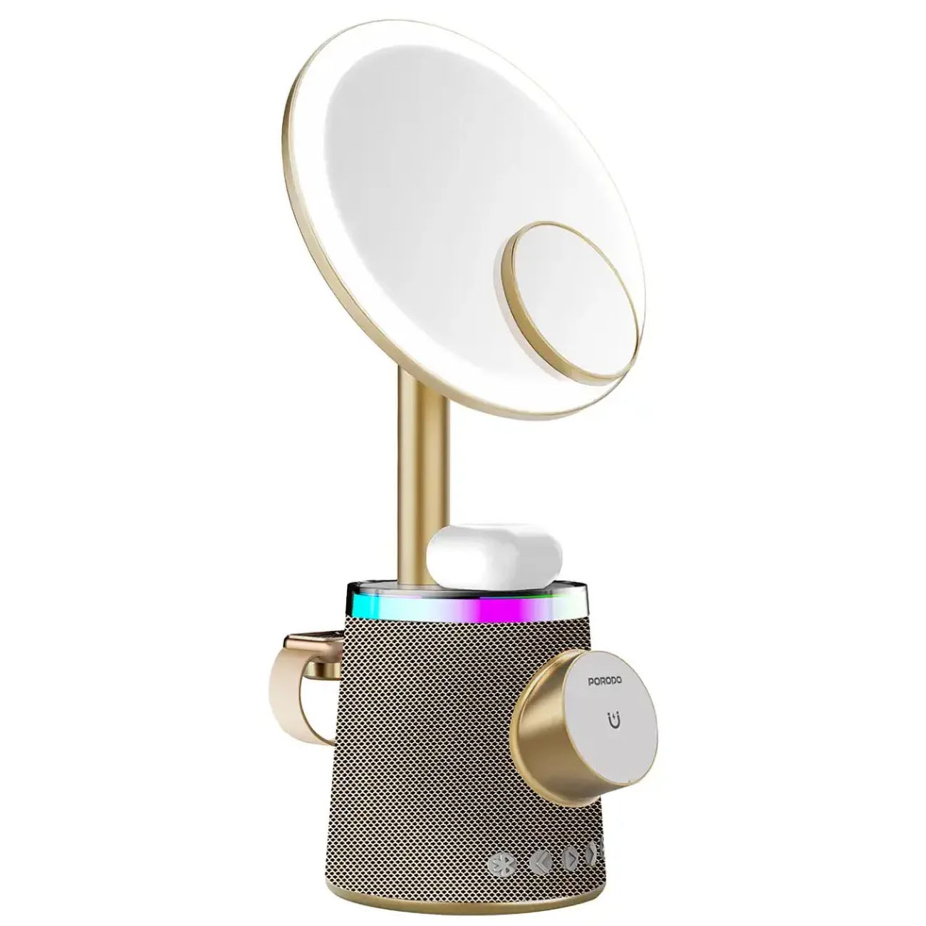 Porodo Makeup Mirror / With Wireless Charger for Phone + AirPods + Watch / Built-in Speaker / Gold