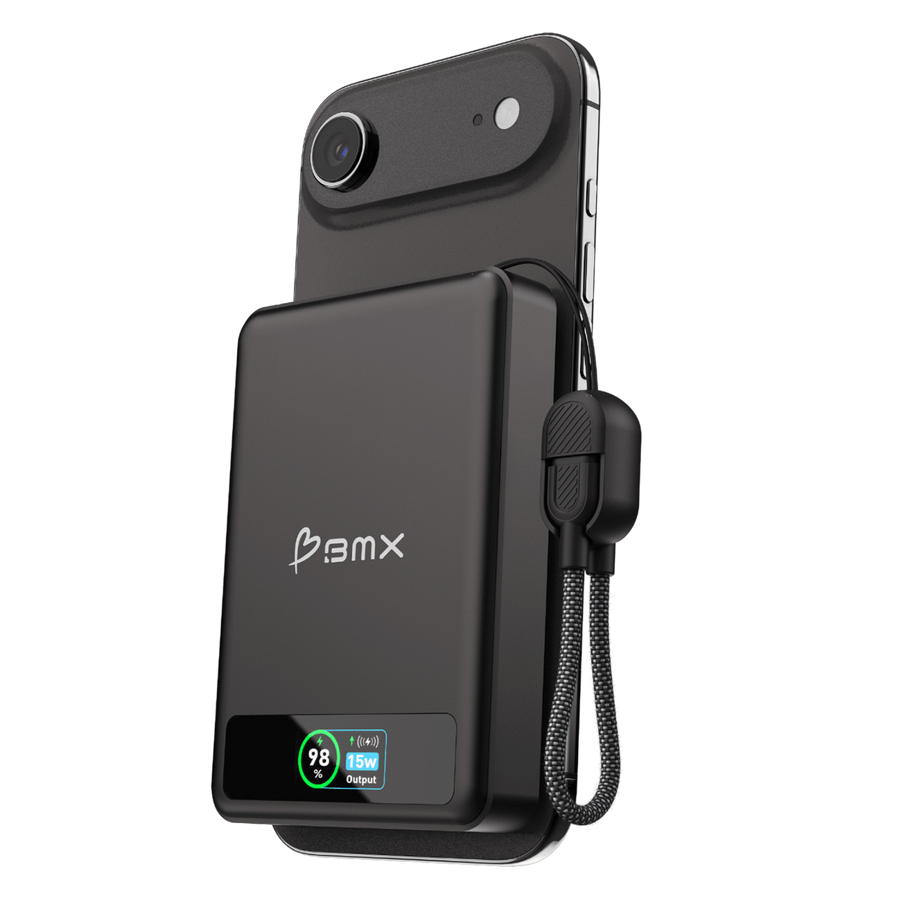 BMX Solid State 10,000mAh Power Bank / 2 Type-C + Wireless Charging / Built-in Type-C Cable / Black