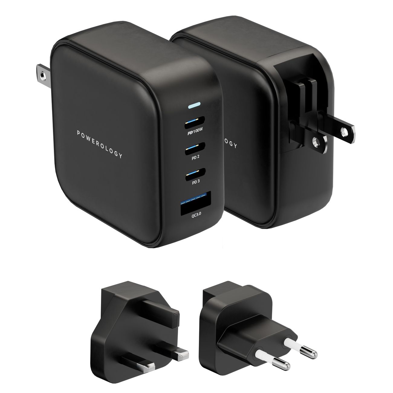 شاحن باورولوجي الصغير بقوة 100 واط و تقنية GaN / مدخل USB و 3 مداخل تايب سي / معاه بلكات لكل البلدان