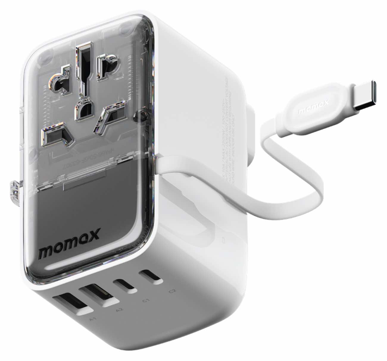 Momax World Travel Charger / 35W Power / 2 Type-C & 2 USB Ports / With Built-in Type-C Cable
