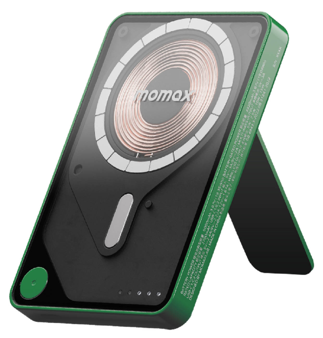 بطارية Momax 1-Power اللاسلكية / سعة 5000 mAh / مع ستاند + واير تايب سي مدمج / ماج سيف / اخضر