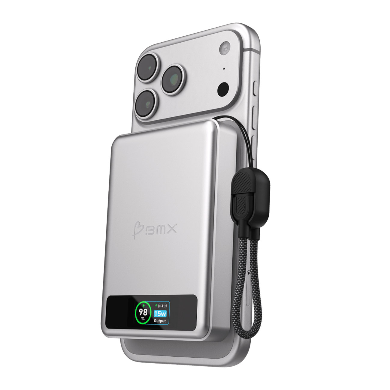 بطارية Solid State سعة 10 الاف mAh من BMX / مدخلين تايب سي + شحن لاسلكي / واير تايب سي مدمج / فضي 