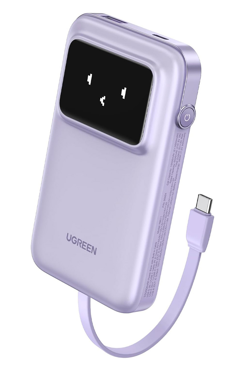 بطارية UGreen Uno / سعة 10 الاف mAh / قوة 30 واط / واير تايب سي مدمج / تصميم لطيف / بنفسجي