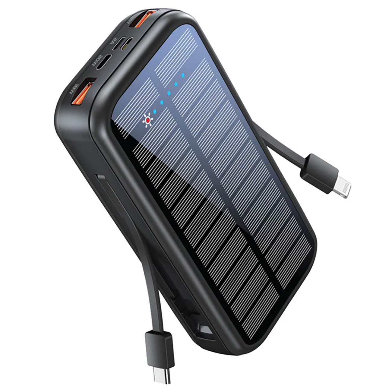 Promate SolarTank Power Bank / 20000mAh / Built-in USB-C & Lightning Cables / Multiple Ports