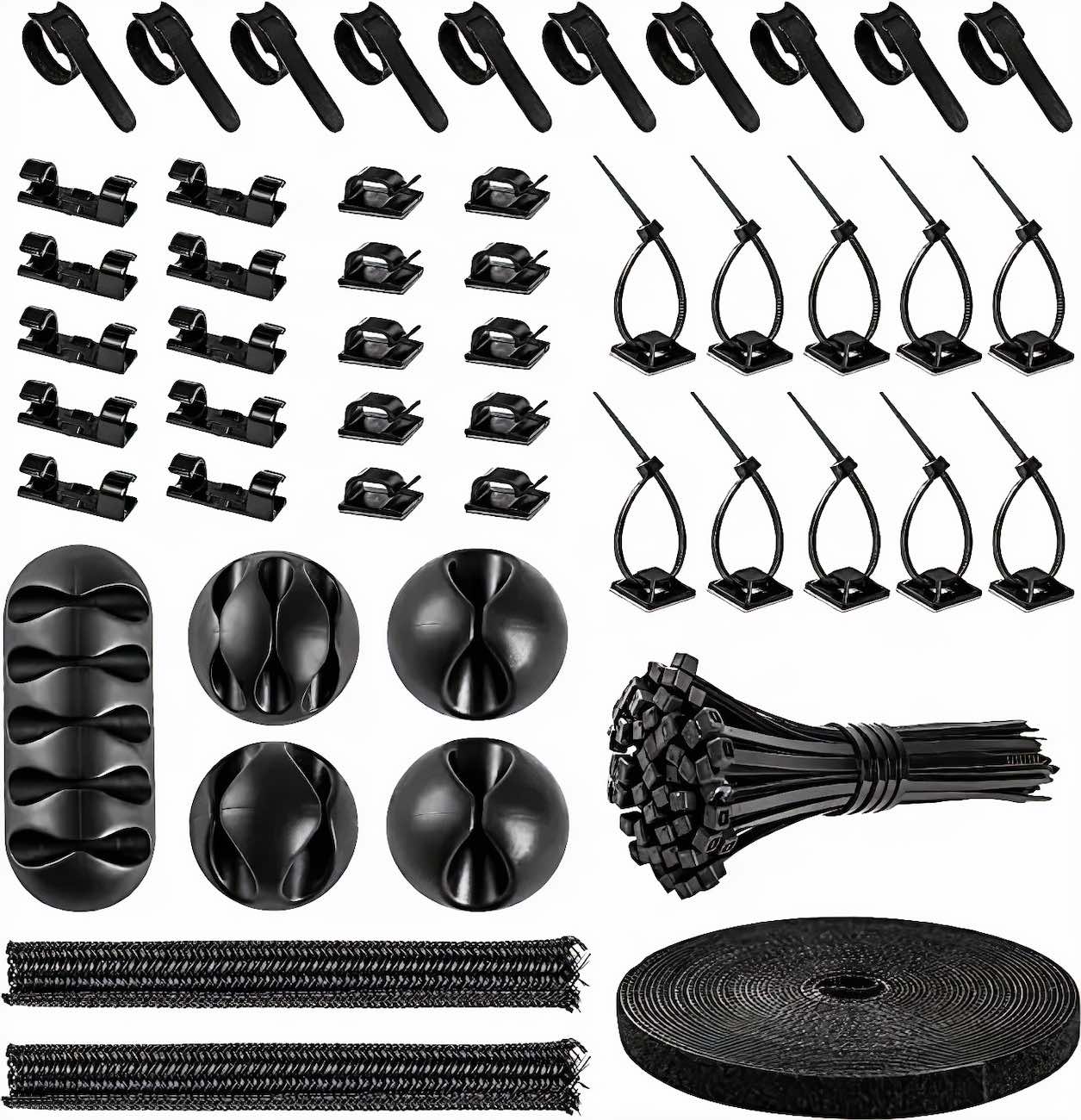 Cable Organizer Pack / Flexible & Reusable / 148 Pieces / Black