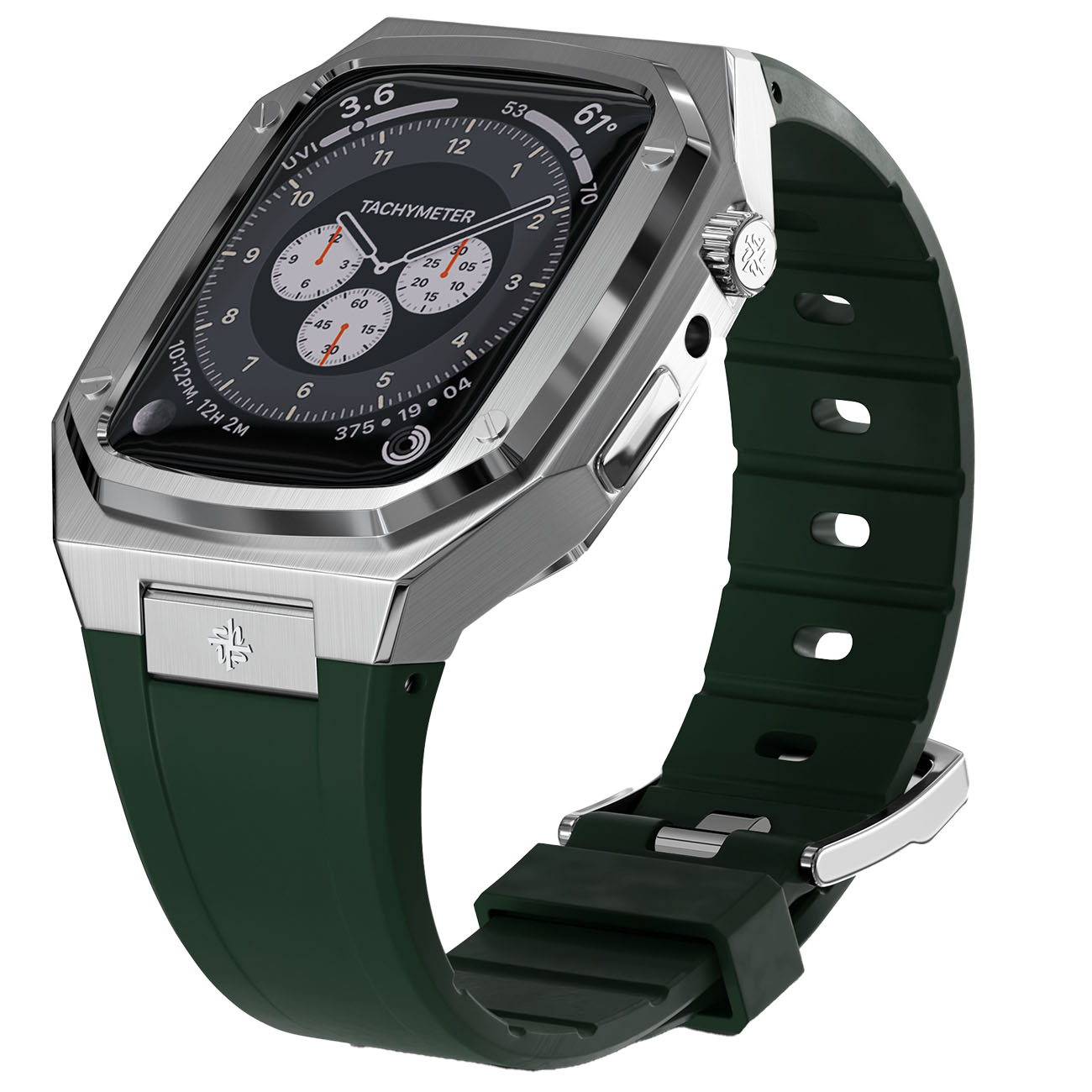 كيس و سير ساعة ابل Hallvint Vintage Silver / حجم 44 و 45 / كيس فضي مع سير اخضر